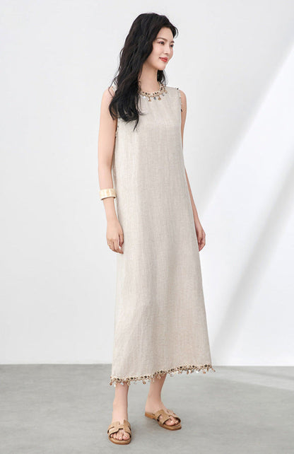 Boho Linen-Tencel Dress with Shell Detail and Removable Buckle Necklace