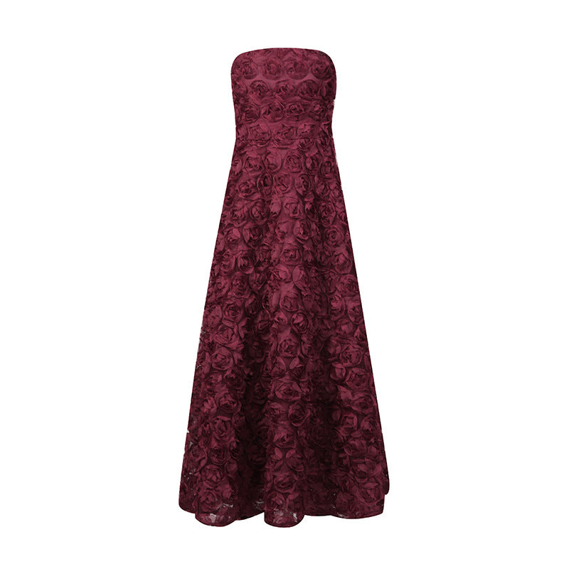 Burgundy 3D Floral Strapless Maxi Dress