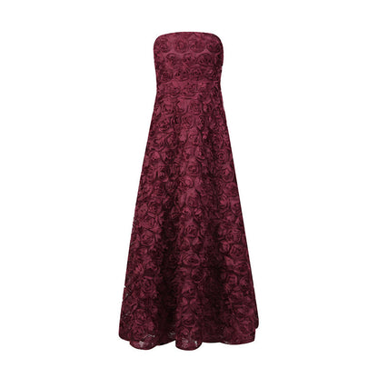 Burgundy 3D Floral Strapless Maxi Dress