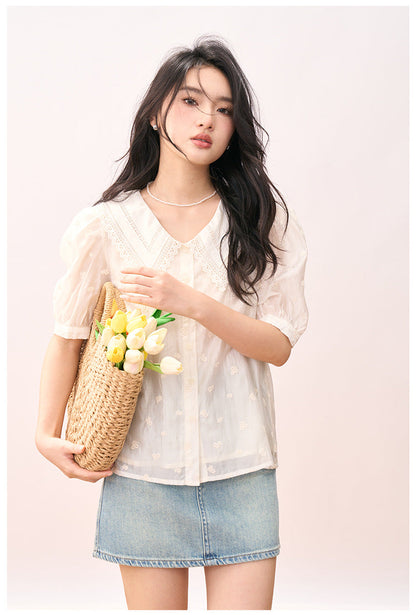 Embroidered Peter Pan Collar Puff Sleeve Blouse