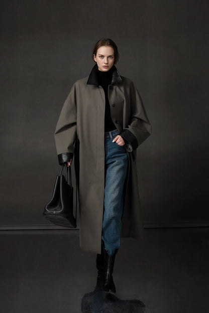 Leather-Trimmed Polo Collar Oversized Long Trench Coat