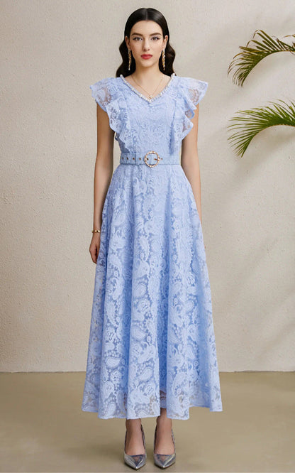 Ruffled Sleeve Beaded Belted Tulle Maxi Dress