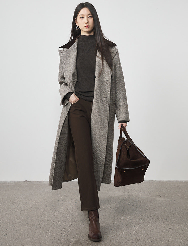 Extra Long Plaid Wool Coat with Silk-Blend Collar