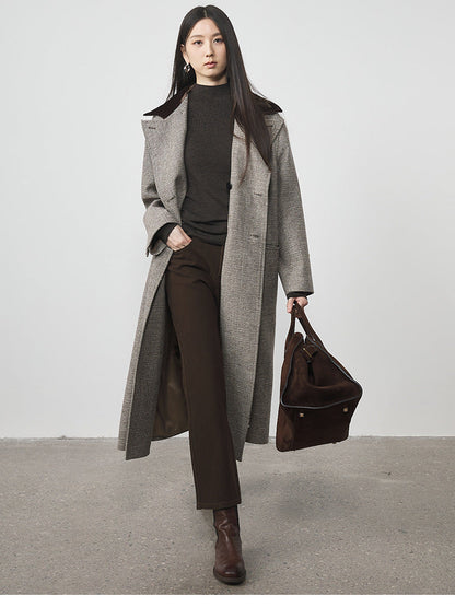 Extra Long Plaid Wool Coat with Silk-Blend Collar