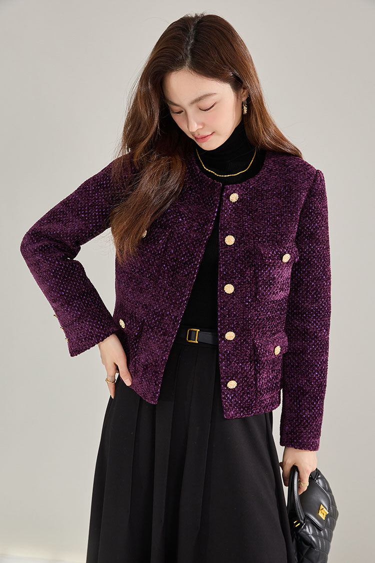 Purple Tweed French-Style Cropped Jacket