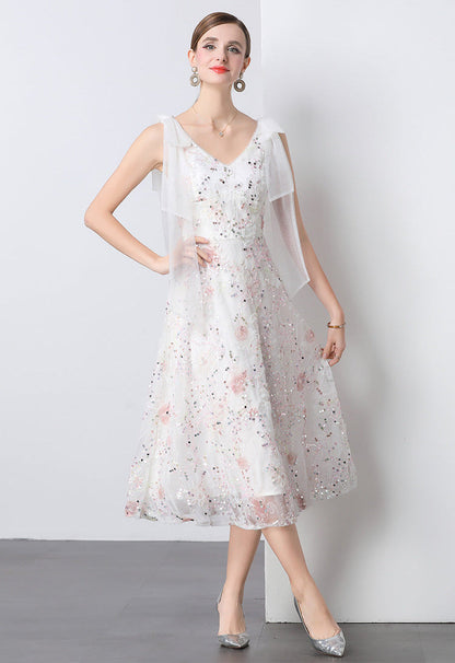 Crystal Sequin Embroidered V-Neck Midi Dress