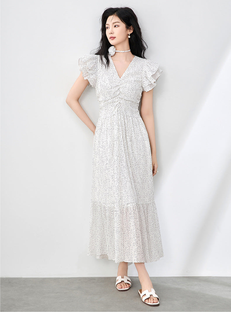 Romantic Polka Dot Midi Dress with Ruffle Sleeves and Necklace Detail