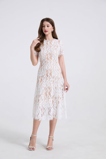 Pearl Embellished Lace Midi Dress