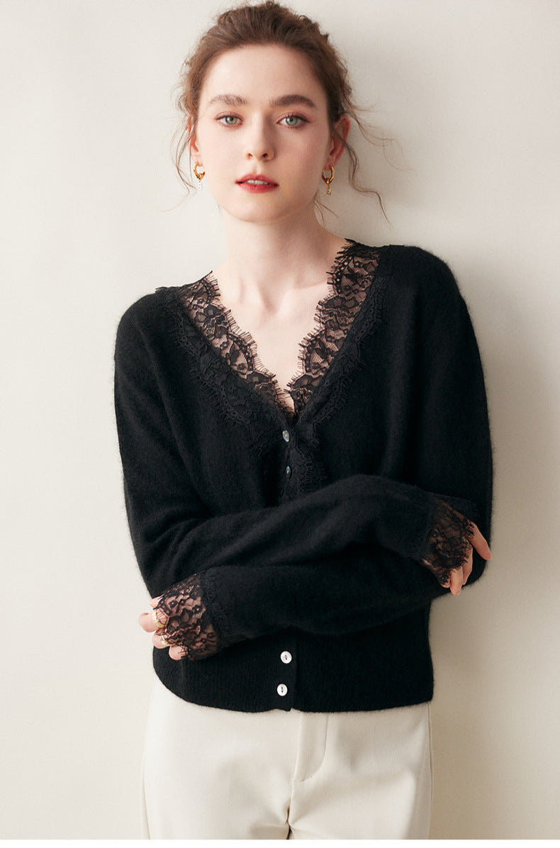Lace-Trim Baby Cashmere Cardigan