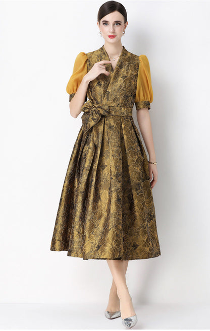 Jacquard Puff Sleeve V-Neck Maxi Dress