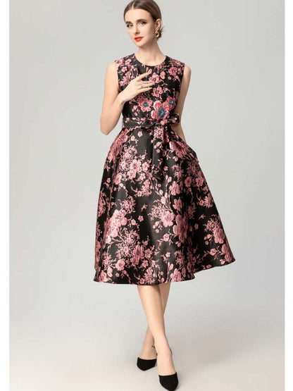 Floral Embroidered Jacquard Ruffle Dress