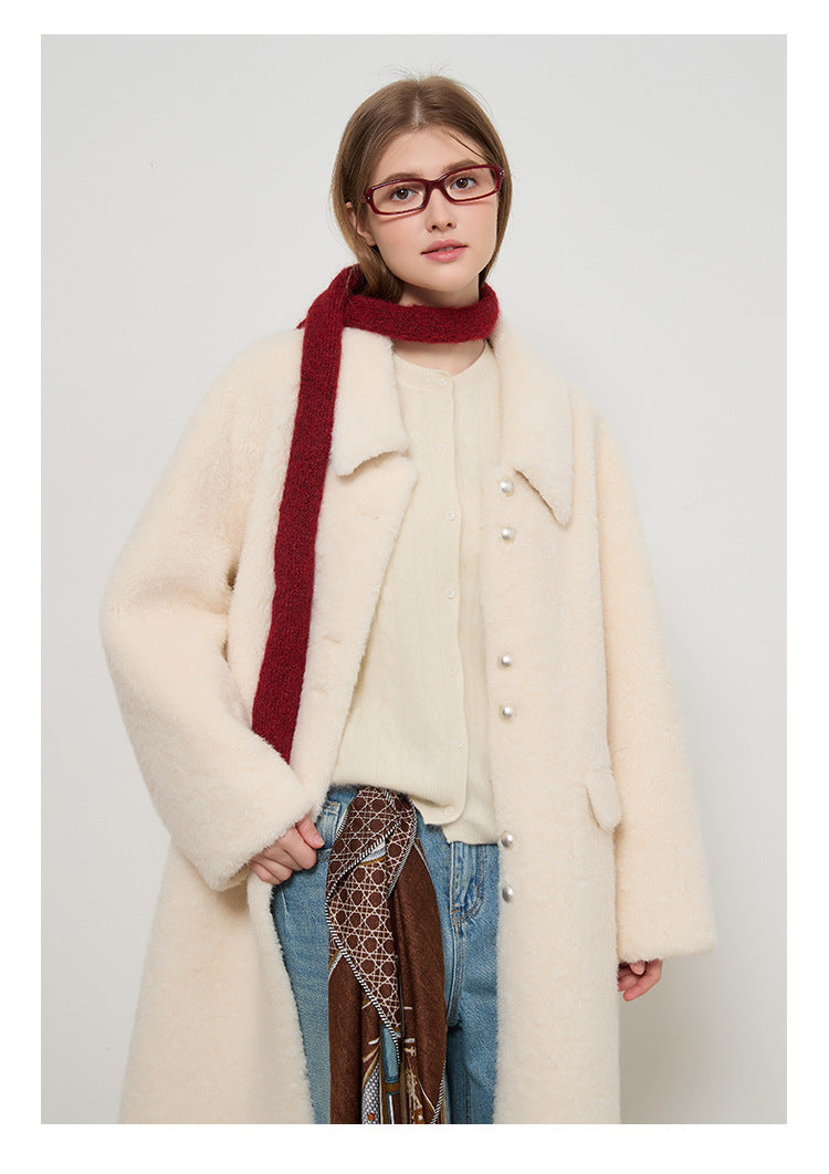Miu Series Faux Fur Long Coat – Off-White Elegance