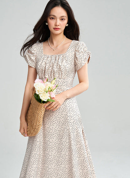Apricot Polka Dot Puff Sleeve Midi Dress