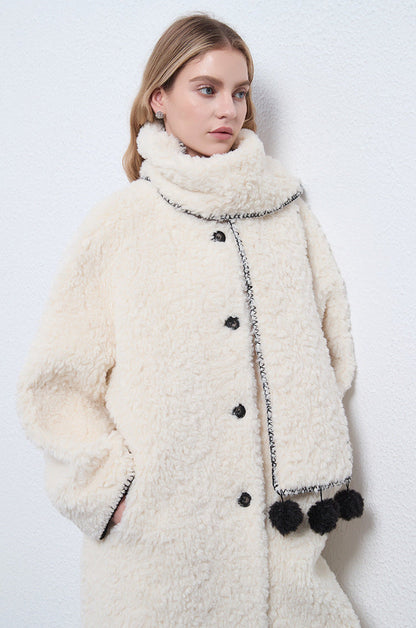Faux Shearling Long Coat with Detachable Scarf – Off-White Elegance