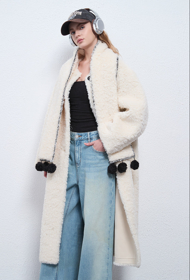Faux Shearling Long Coat with Detachable Scarf – Off-White Elegance