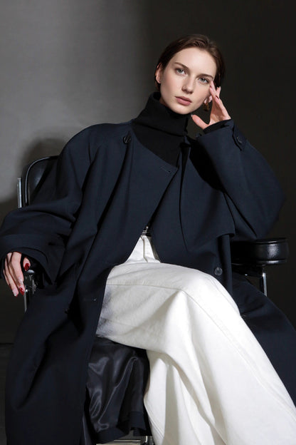 Minimalist Round Neck Wool Blend Trench Coat – Relaxed Fit