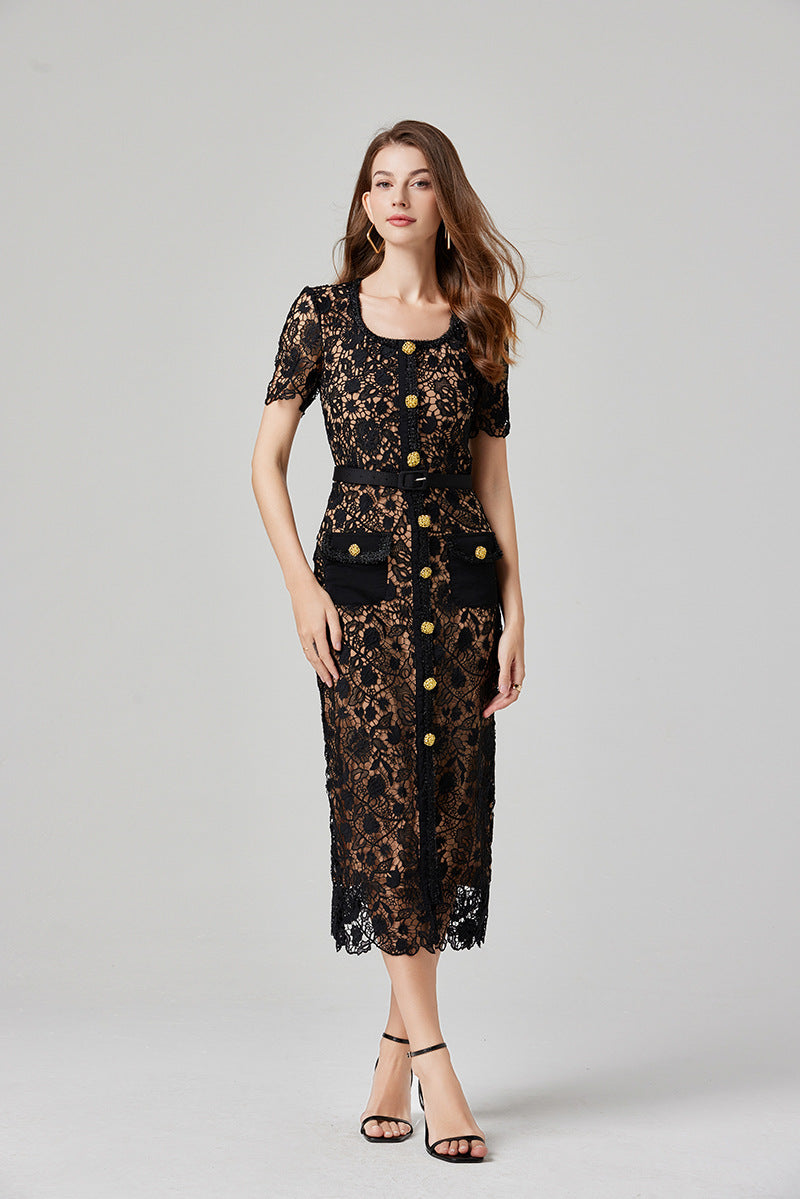 Hollow Lace Midi Dress