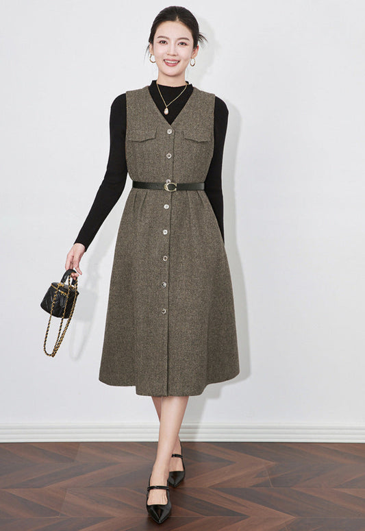 Retro Wool-Blend Vest Midi Dress + Knit Sweater Set