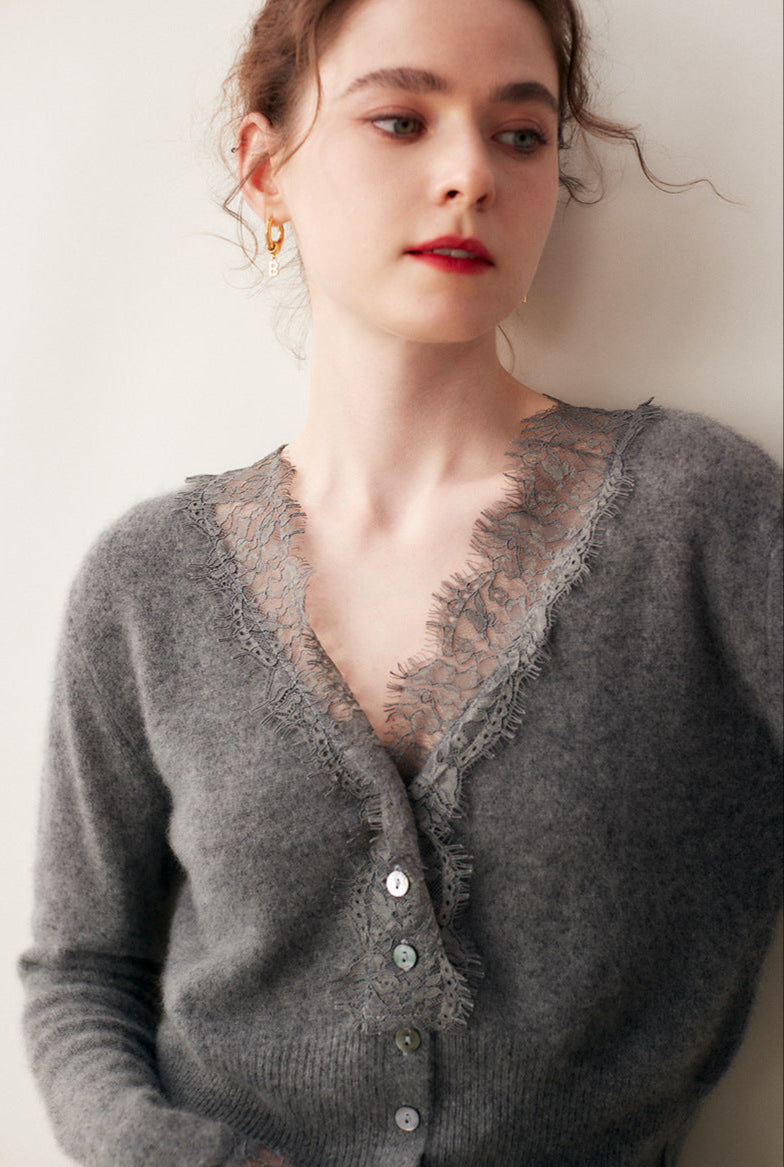 Lace-Trim Baby Cashmere Cardigan