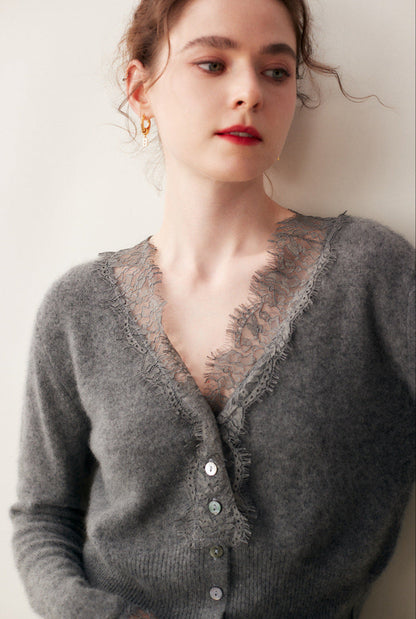 Lace-Trim Baby Cashmere Cardigan