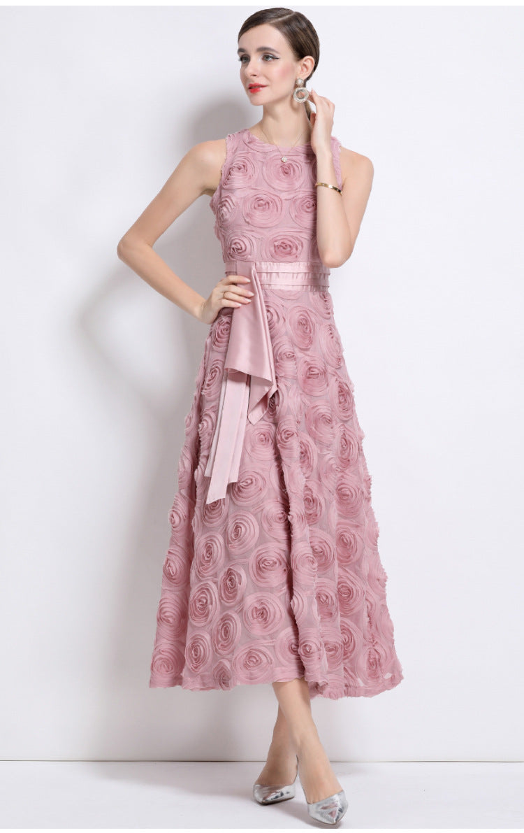 Elegant 3D Floral Belted Maxi Dress