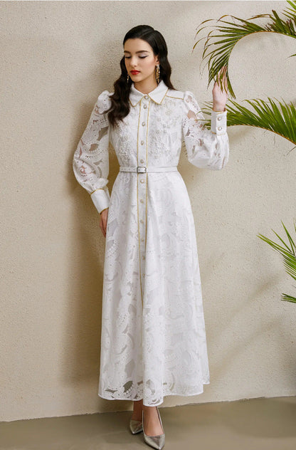 Beaded Lace Maxi Dress with Gold Trim – Elegant Retro Gown