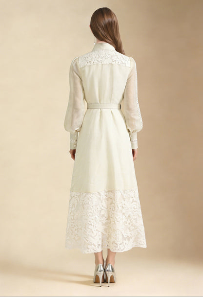 Lace Collar Lantern Sleeve Midi Dress