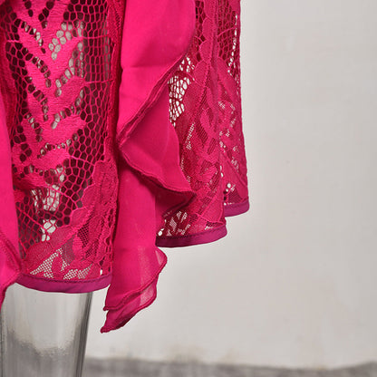 Frilled Short Sleeve Lace-Trim Lotus Dress