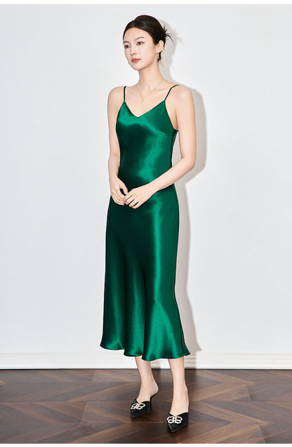 Satin-Texture Acetate Slip Dress with Spaghetti Straps