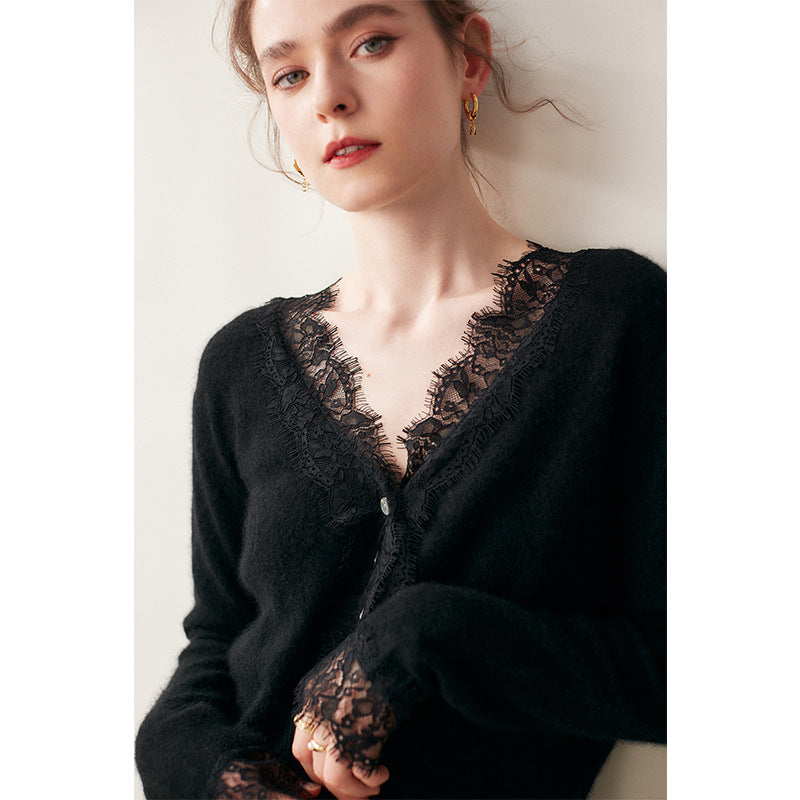 Lace-Trim Baby Cashmere Cardigan