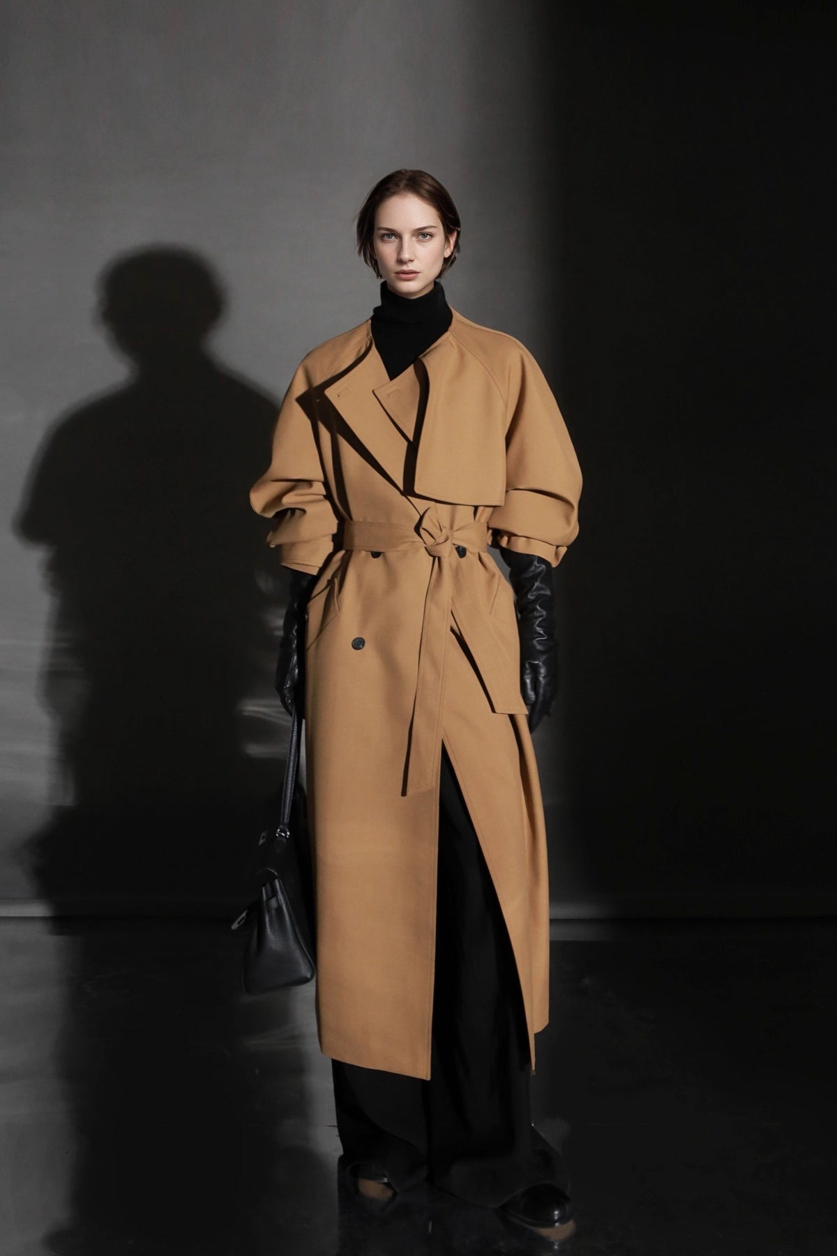 Minimalist Round Neck Wool Blend Trench Coat – Relaxed Fit