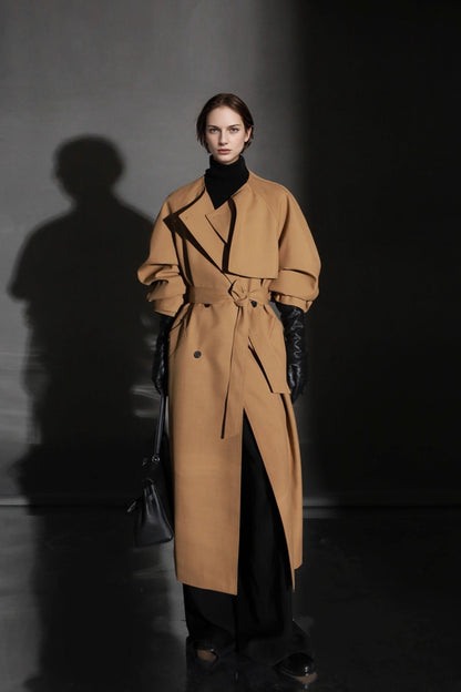 Minimalist Round Neck Wool Blend Trench Coat – Relaxed Fit