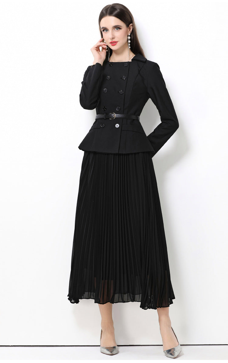 Retro Pleated Detail Long Black Dress