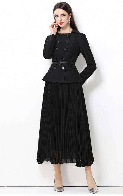Retro Pleated Detail Long Black Dress