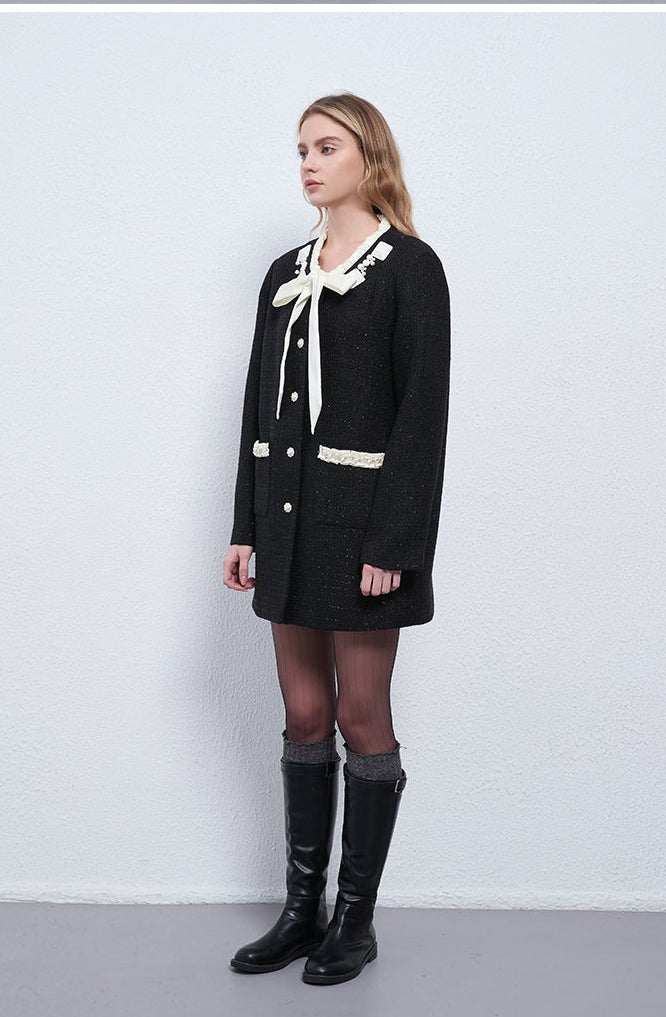 Bow-Tie Neck Contrast Trim Midi Jacket