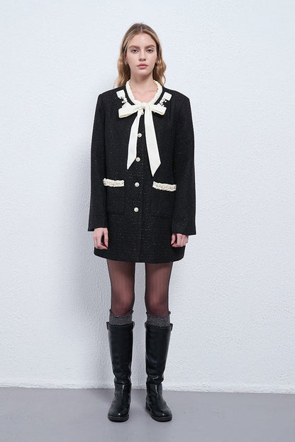 Bow-Tie Neck Contrast Trim Midi Jacket
