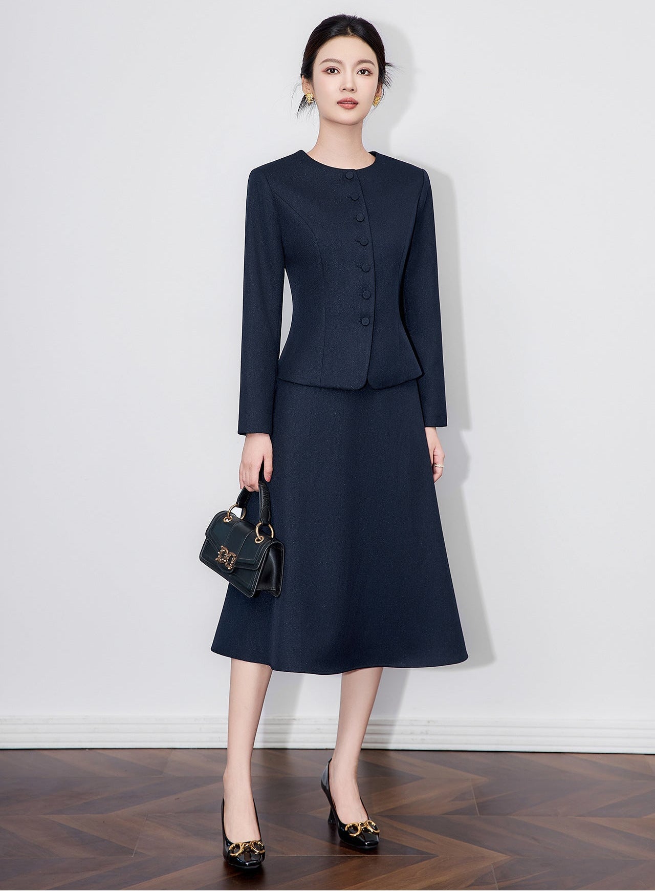 Luminous Texture Two-Piece Blazer & Midi Skirt Set