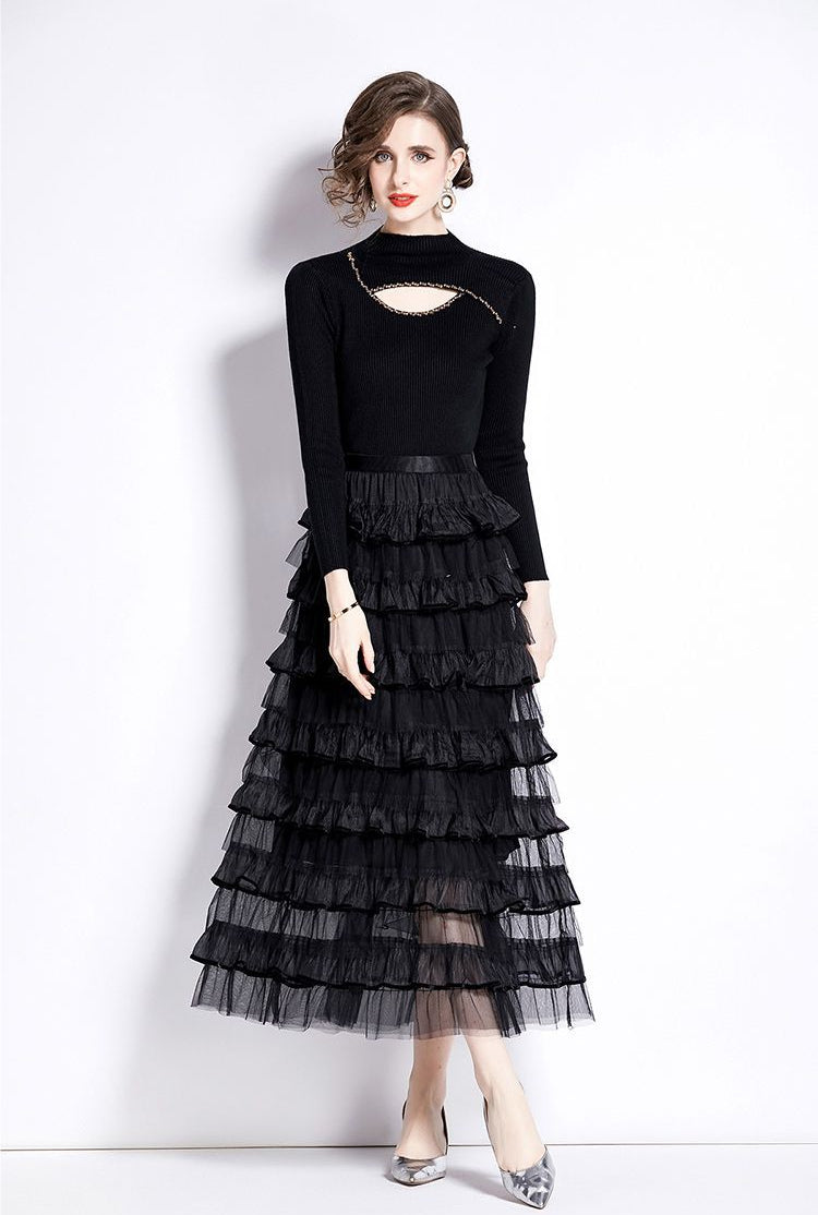 Layered Knit & Tulle Maxi Dress – Faux Two-Piece Design