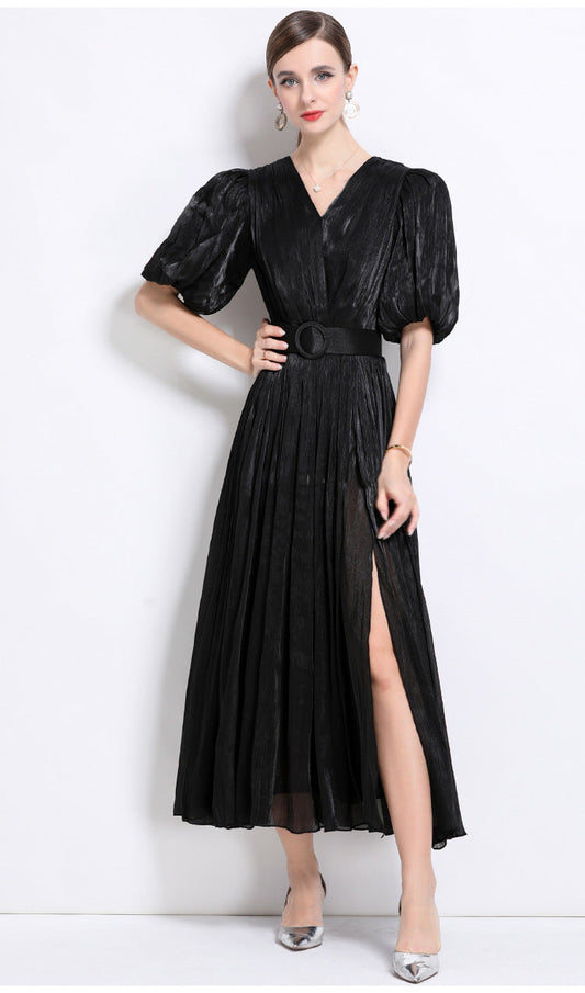 Shimmering Ruched Maxi Dress with Puff Sleeves