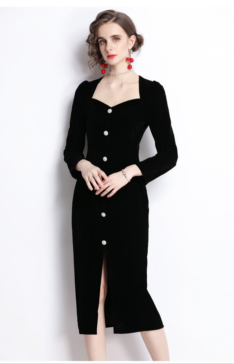 Black Velvet Elegant Slit Midi Dress – Classic French Sophistication