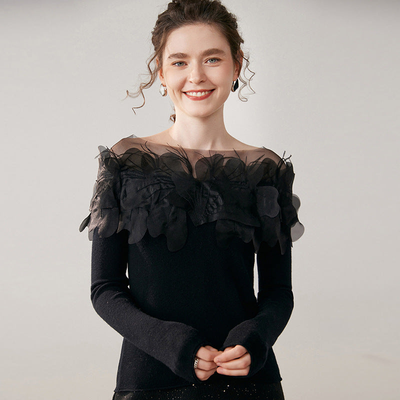 Hand-Embroidered Cashmere Sweater – One-Shoulder Floral & Feather Detail