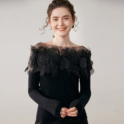 Hand-Embroidered Cashmere Sweater – One-Shoulder Floral & Feather Detail