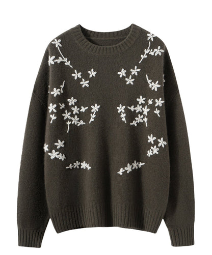 Embroidered Pure Cashmere Crewneck Sweater