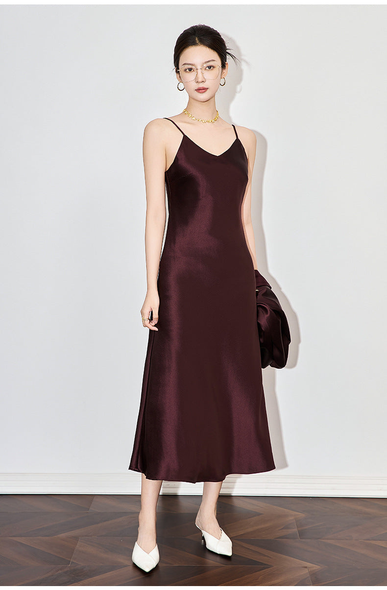Satin-Texture Acetate Slip Dress with Spaghetti Straps