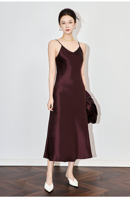 Satin-Texture Acetate Slip Dress with Spaghetti Straps
