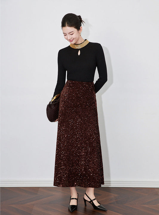 Velvet-Shine Sequin A-Line Midi Skirt