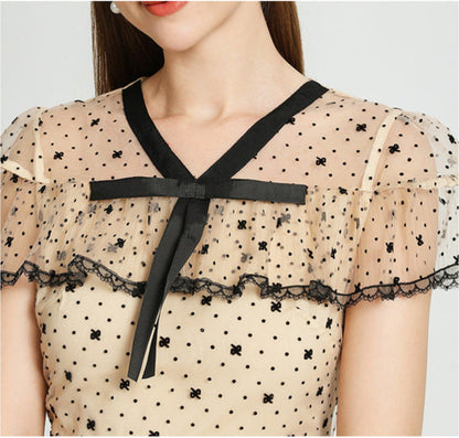Retro Polka Dot Tiered Tulle Dress – Apricot Elegance