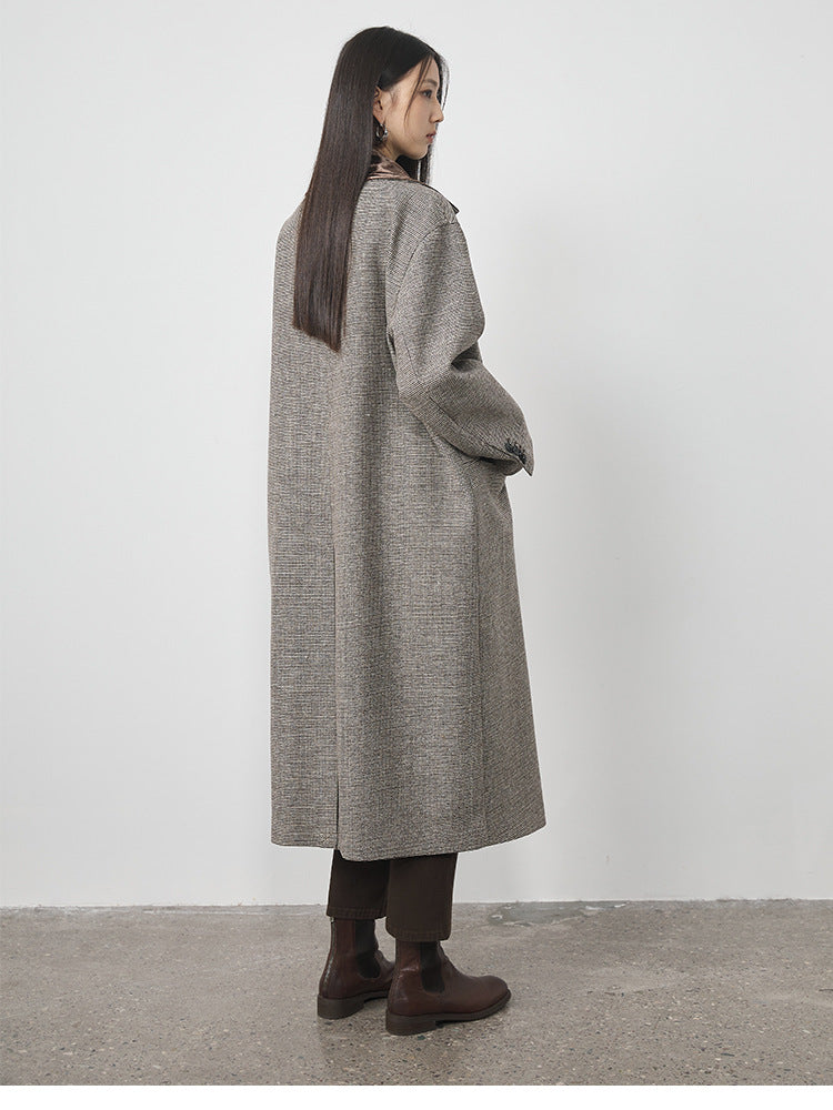 Extra Long Plaid Wool Coat with Silk-Blend Collar
