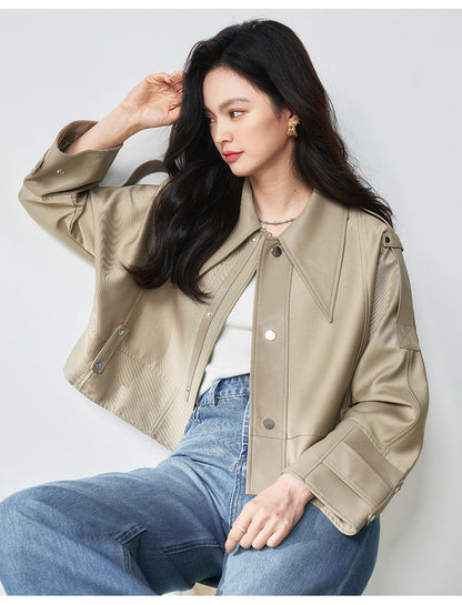 Western Style Oversized Cropped Faux Leather Jacket