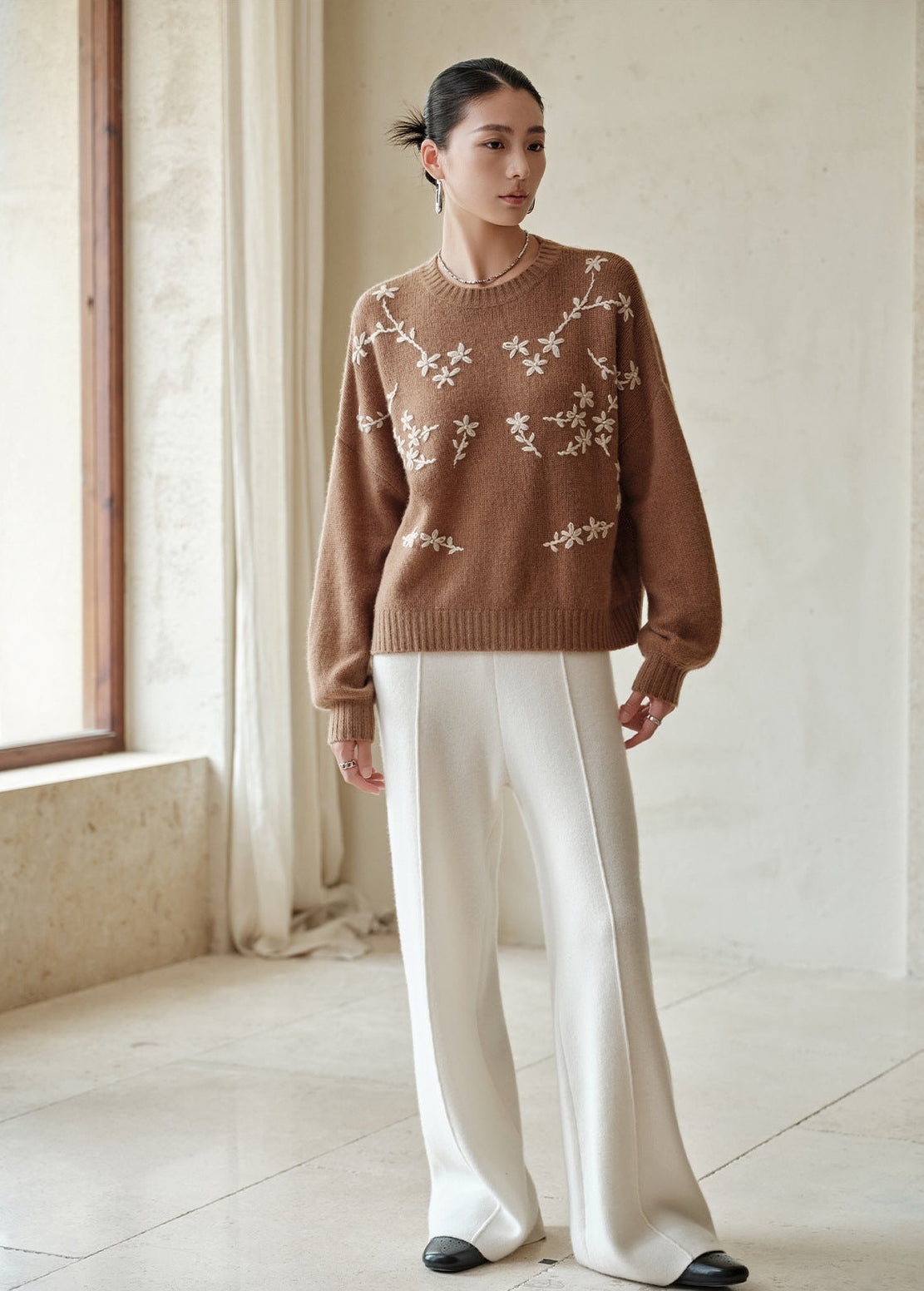 Embroidered Pure Cashmere Crewneck Sweater